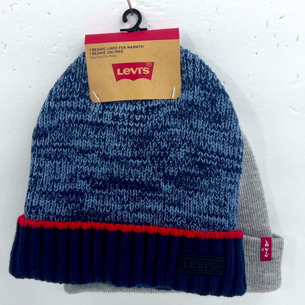 LEVI’S, BEANIE SET,2 WARM BEANIES,NAVY BLUE W/PATTERN & GREY,100%ACRYLIC, UNUSEX